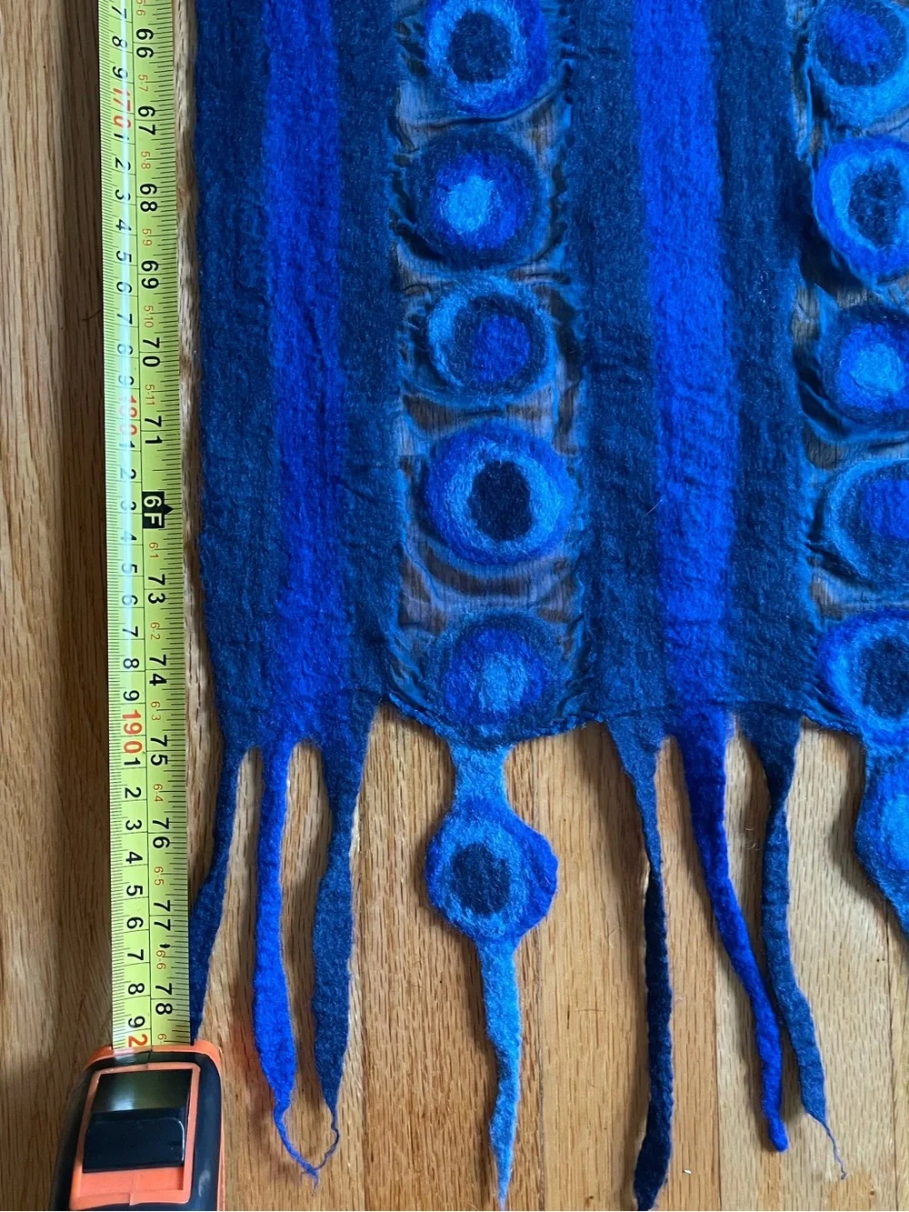 Handmade Blue Nuno Felted Wool Scarf with Circular Motif